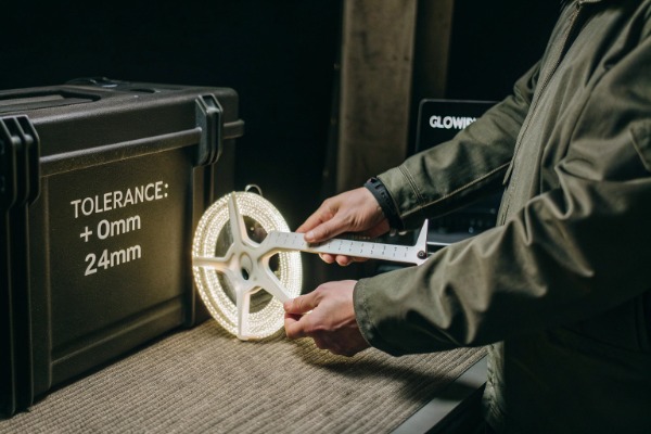 Technician measuring LED strip tolerance with digital calipers