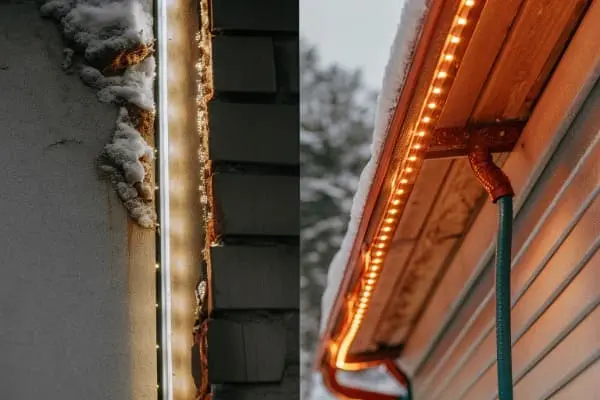 Durable LED strips installed under roof eaves and exterior walls during snowy winter conditions (ID#5)