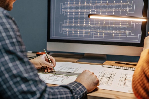 Two people discussing LED strip designs at table (ID#4)
