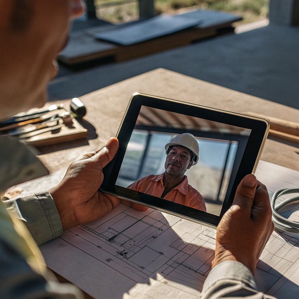 Person viewing construction worker on tablet screen (ID#1)