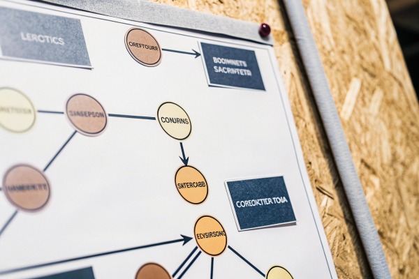 Close-up of flowchart pinned on corkboard (ID#5)