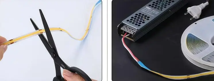 Engineer testing COB LED strip with power supply and lux meter