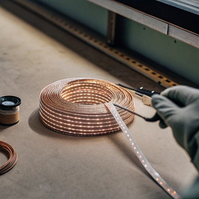 Close-up of a technician inspecting high-density COB LED strip solder joints with a magnifying glass