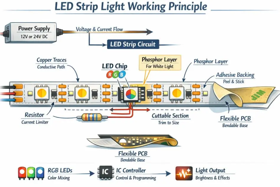 Крупный план внутренних компонентов светодиодной ленты