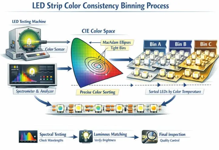 Процесс сортировки по цветовой однородности светодиодных лент