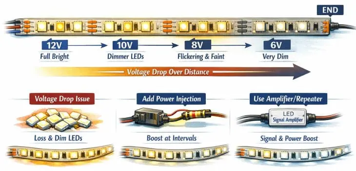 Диаграмма падения напряжения при установке светодиодной ленты