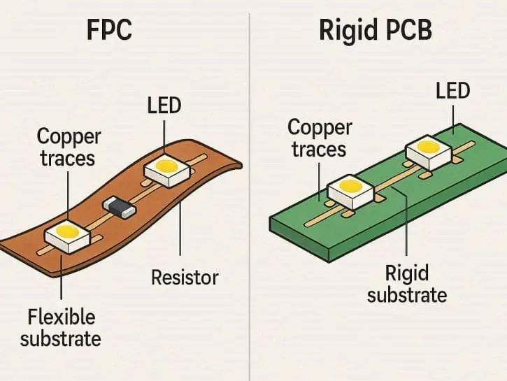 FPC vs rigid PCB structural comparison for LED strip lights