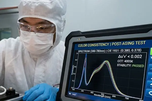 Técnico de QC a medir a consistência de cor das fitas LED após o teste de envelhecimento