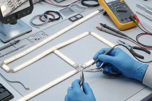 Multimeter-Test der Spannung am entfernten Ende der LED-Leiste
