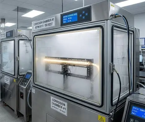 Câmara de teste de spray salino para fitas LED com amostras montadas em ângulo