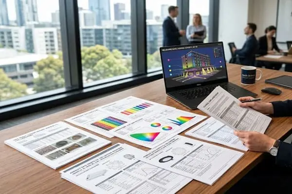 Gestor de compras a rever relatórios de teste de fitas LED para uma proposta de projeto
