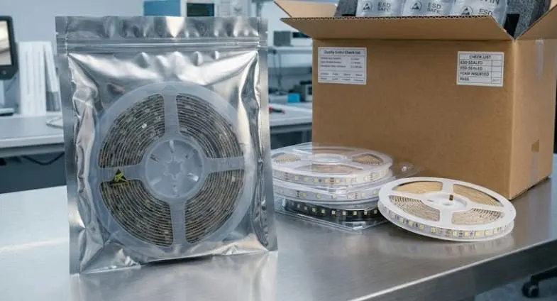 bulk LED strip reels packed in antistatic bags with silica gel inside corrugated cartons