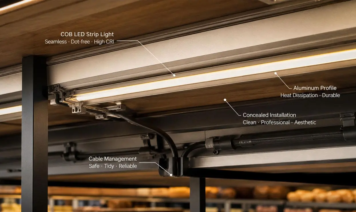 Heat management for COB LED strip lights in food display