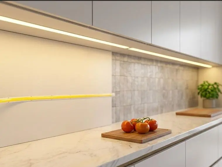 COB LED strip seamless illumination on polished kitchen countertop