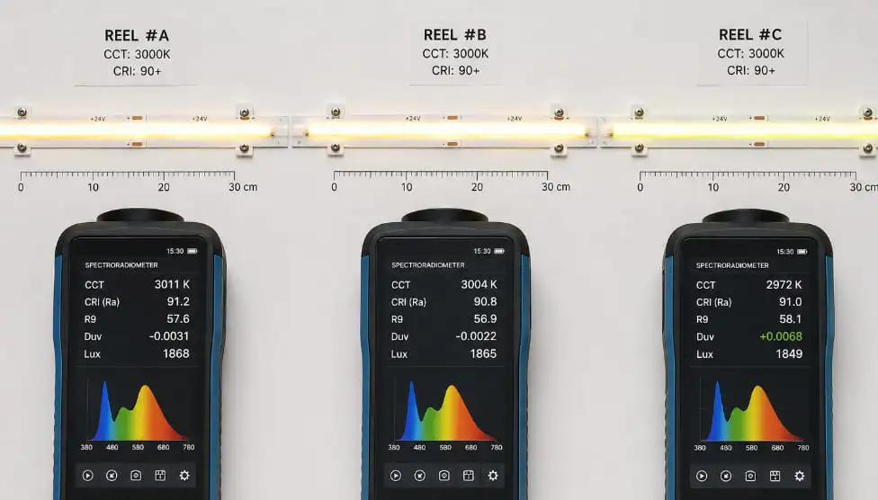 Comparing SDCM and MacAdam Ellipse data across COB LED strip batches for color consistency
