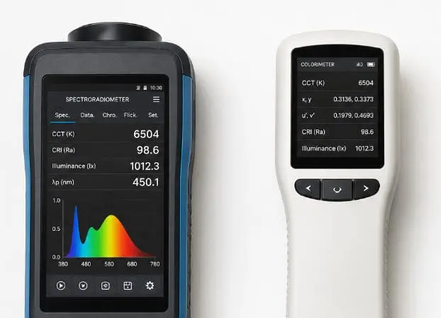 Spectroradiometer and integrating sphere used to measure CCT of COB LED strip lights